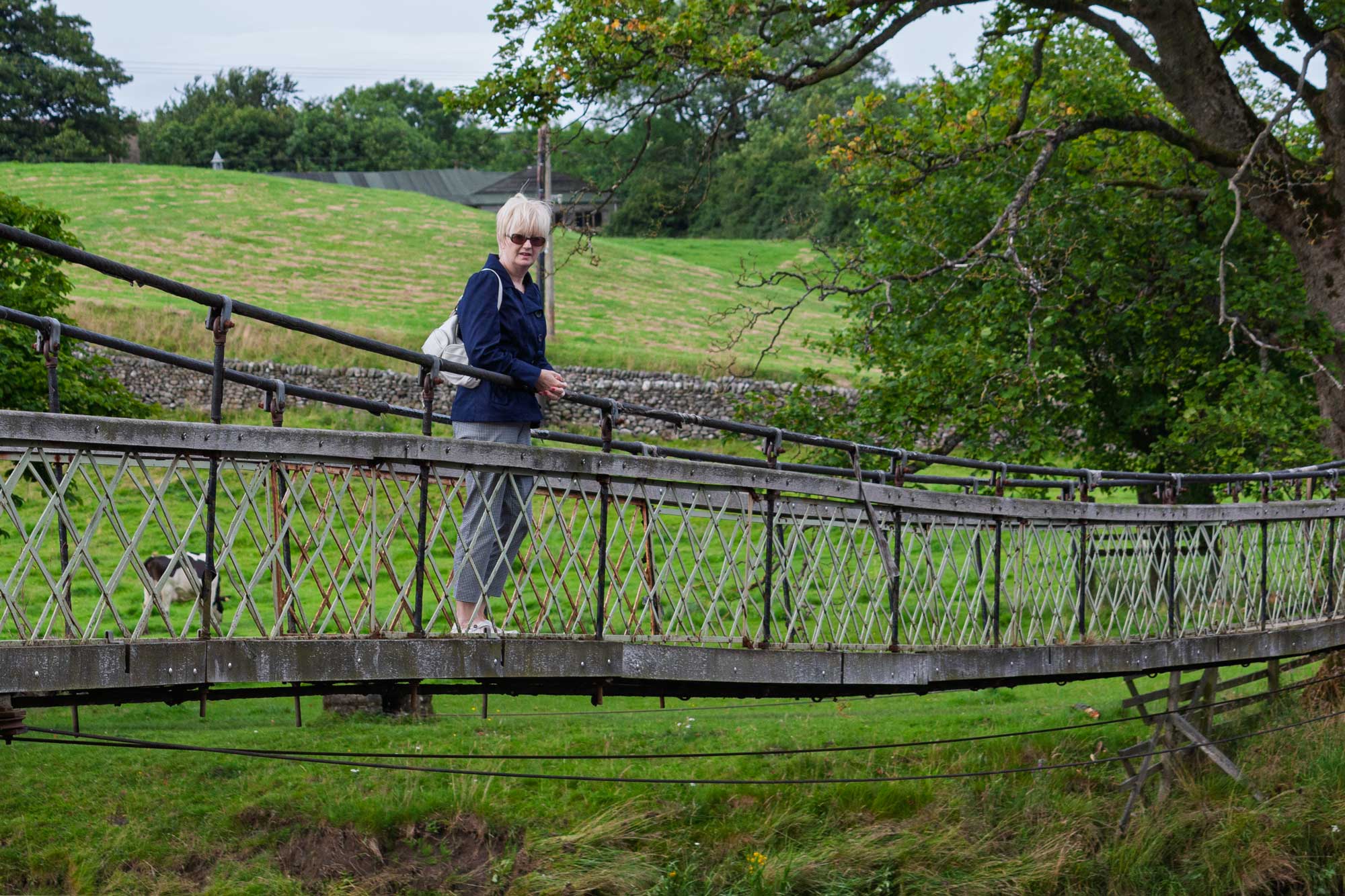 pat on swing bridge at hebden